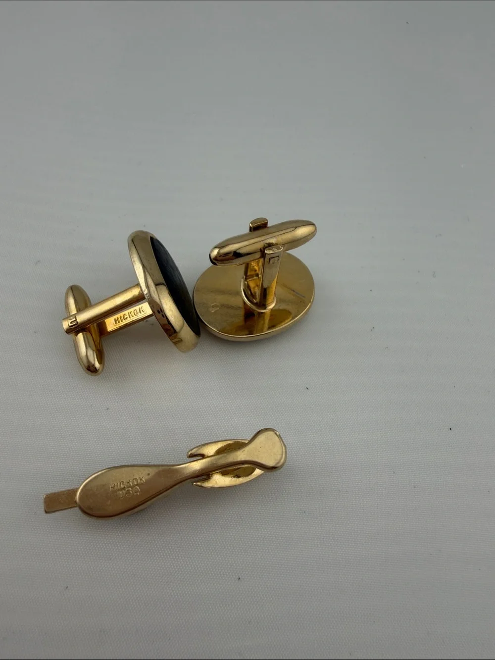 Vintage Gold-Tone Cufflinks and Tie Clip Set with Black Inset